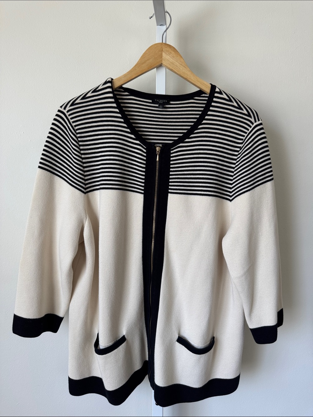 Talbots Black & Cream Striped Zip Cardigan Size 2X Plus Size Flaw*